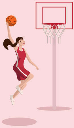 Girl basketball player in a jump throws the ball into the basket. vector illustrationのイラスト素材
