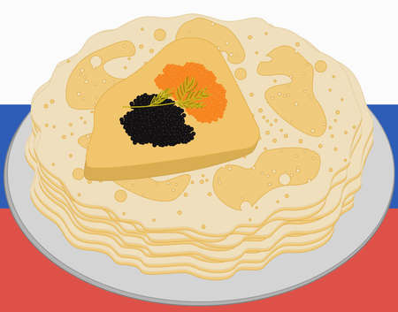 Russian food. Pancakes with black and red caviar. vector illustration