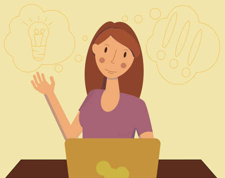 The girl at the computer had an idea. vector illustrationのイラスト素材