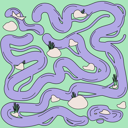 Riddle for children with a boat, find the way. Vector illustration for kids.のイラスト素材