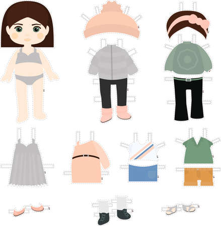 Paper doll. Brunette with bob in multiple outfitsのイラスト素材