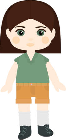vector character. Brunette girl with a square in a green blouse and shortsのイラスト素材