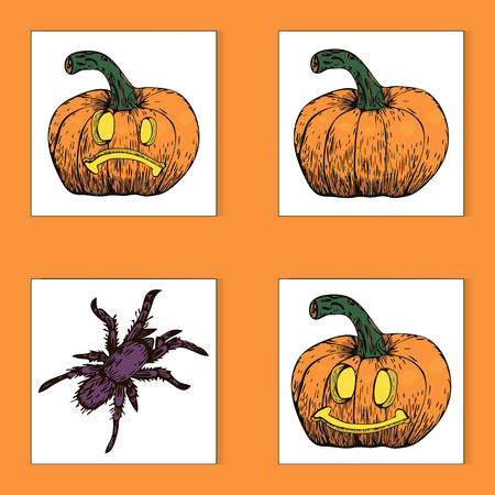 Vector colorful Halloween sticker set of pumpkins and spiderの写真素材