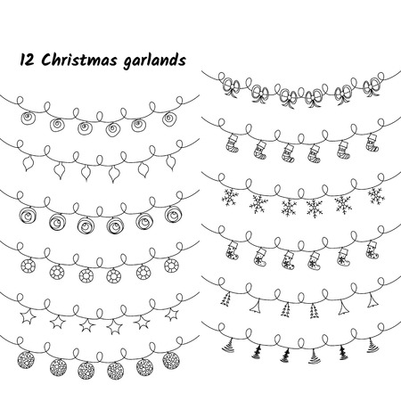 Vector set of Christmas lights and garlands. Doodles. Hand drawn. Black on white.のイラスト素材