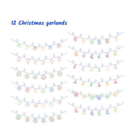 Vector set of Christmas lights and garlands. Doodles. Hand drawn.のイラスト素材
