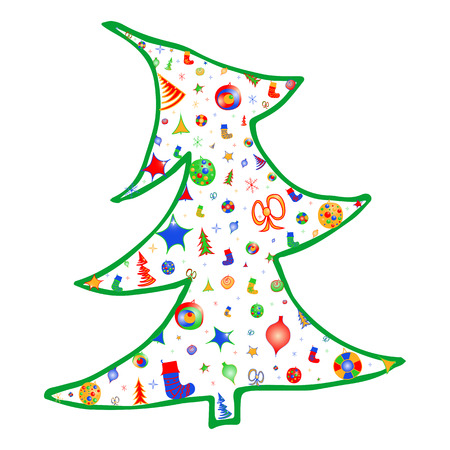 Vector colorful Christmas tree decorate with lights, stars, bows, snowflakes and socks. Doodle. Hand drawn. Isolated on white.のイラスト素材
