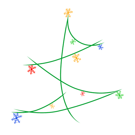 Vector colorful Christmas tree decorate with light snowflakes. Doodle. Hand drawn. Isolated on white.のイラスト素材