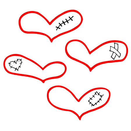 Vector set of hand drawn hearts with plaster, scar and patchの写真素材