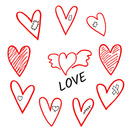 Vector set of hand drawn shaded hearts whis wings, plaster, scar and patchの写真素材
