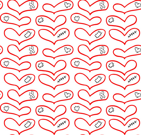 Vector pattern of hand drawn hearts with plaster, scar and patch in doodling style.のイラスト素材