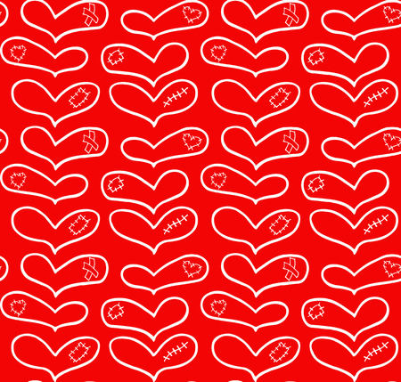 Vector pattern of hand drawn white hearts with plaster, scar and patch in doodling style on red background. For printing on textiles.のイラスト素材