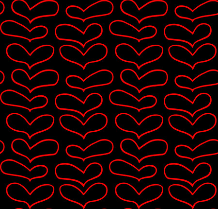 Vector pattern of hand drawn red hearts in doodling style on black background. For printing on textiles, wallpaper.のイラスト素材