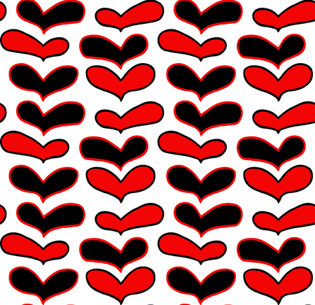 Vector pattern of hand drawn red black hearts in doodling style on white backgroundの写真素材