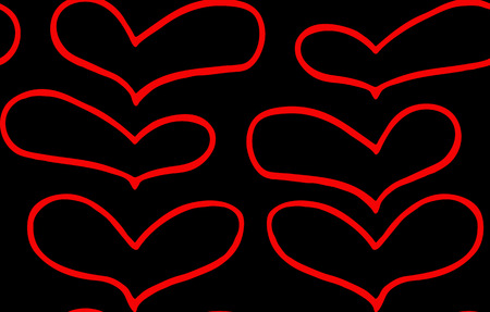 Seamless pattern of hand drawn red hearts in doodling style on black backgroundの写真素材