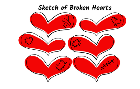 Vector set of hand drawn red hearts with black stroke and plaster, scar and patch in sketch, doodling style on white backgroundのイラスト素材