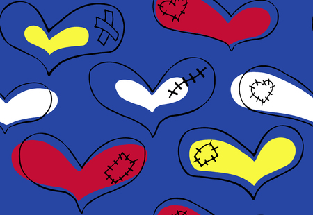 Vector seamless pattern of hand drawn red, yellow, white hearts with black stroke and plaster, scar and patch in doodling style on blue backgroundのイラスト素材