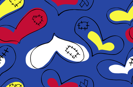 Vector seamless pattern of hand drawn red, yellow, white hearts with black stroke and plaster, scar and patch in doodling style on blue backgroundのイラスト素材