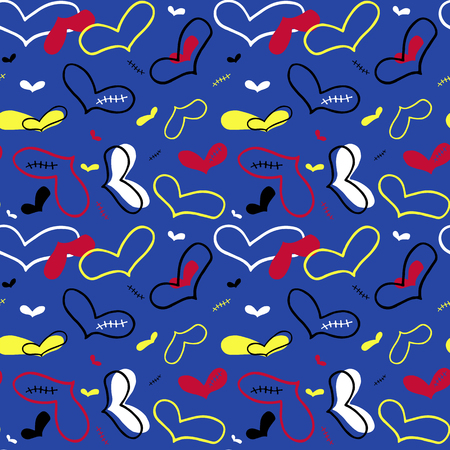 Vector seamless pattern of hand drawn red, yellow, white hearts with black stroke and plaster, scar and patch in doodling style on blue backgroundのイラスト素材