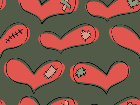 Vector seamless pattern of coral hand drawn hearts in doodle style with black stroke and patch, scar and plaster on green background.のイラスト素材