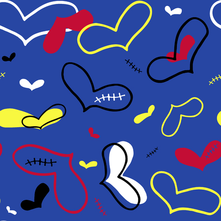 Seamless pattern of hand drawn red, yellow, black and white heartsの写真素材