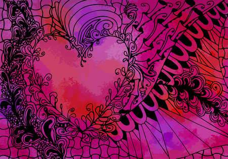 Vector illustration with heart and flowers for invitation, valentines and wedding card in zen doodle style on pink, orange, mangenta watercolor backgroundのイラスト素材