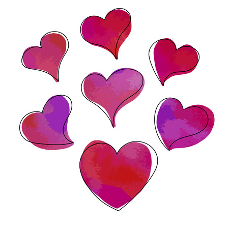 Vector set of hand drawn watercolor coral, pink, purple hearts with black stroke in sketch, doodling style on white backgroundのイラスト素材