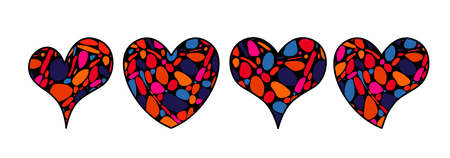 Vector abstract objects in the shape of heart in zen doodle style. Colored hand drawn illustration on white background. For valentine and wedding cards, invitations, web and interior design.のイラスト素材