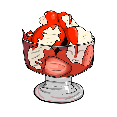 Vector hand drawn illustration of ice-cream, strawberry with cream in dessert glass with berriesの写真素材