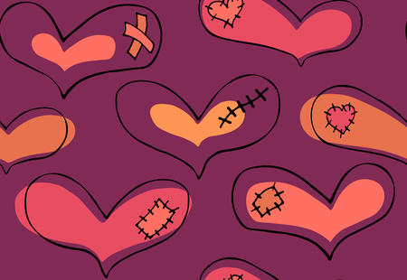 Vector seamless pattern of hand drawn coral, pink, beige hearts with black stroke and plaster, scar and patch in doodling style on violet backgroundのイラスト素材