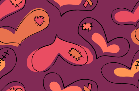 Vector seamless pattern of hand drawn coral, pink, beige hearts with black stroke and plaster, scar and patch in doodling style on violet backgroundのイラスト素材