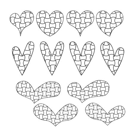Vector set of hearts in zen doodle style. Black on white background. For coloring books and pages, interior design. Image suitable for laser cutting, plotter cutting or printing.のイラスト素材