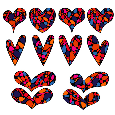 Vector abstract objects in the shape of heart in zen doodle style. Colored hand drawn illustration on white background. For valentine and wedding cards, invitations, web and interior design.のイラスト素材