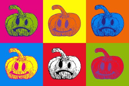 Vector hand drawn ink illustration of few multicolored pumpkin lanternsの写真素材