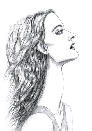Fashion face profile portrait of romantic gentle attractive girl with long neck and wavy hairの写真素材