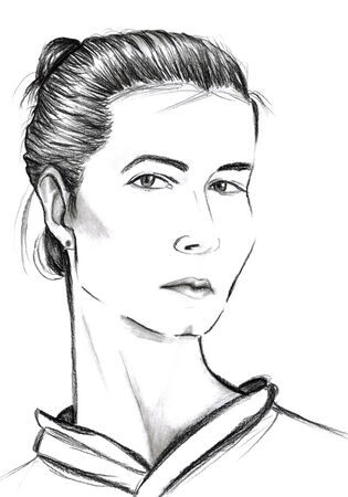 Fashion face portrait of authentic half breed young woman with hair bun in sports sweatshirt with hoodの写真素材