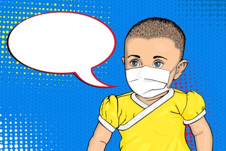 Baby portrait with medical mask on face in yellow bodysuit on blue background with dotsのイラスト素材