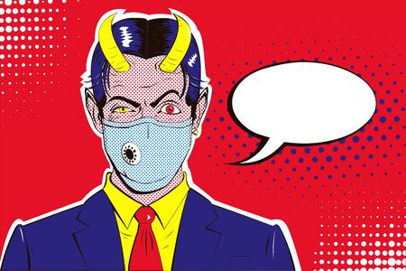 Male portrait of malevolent satan businessman with raised eyebrow, medical mask on face, horns in blue suit with tieのイラスト素材
