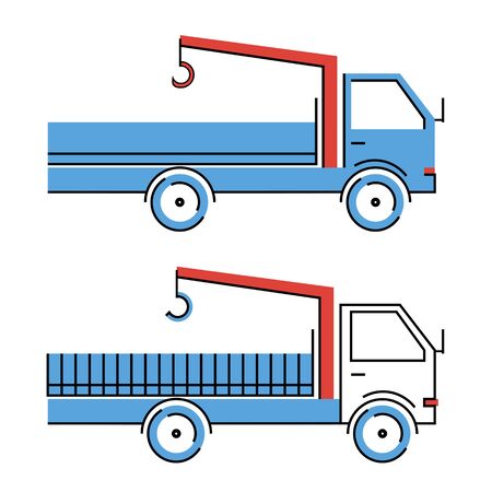 Vehicle with blue and white cab and red crane-manipulator systemのイラスト素材