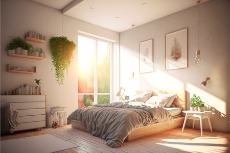 Interior of a modern and minimalist bright bedroom with morning daylight coming through the window - Generative AIの素材