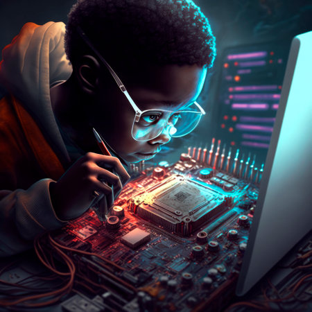 Clever young boy repairing and taking measurements on a computer while looking at the results on a screen - Generative AIの素材