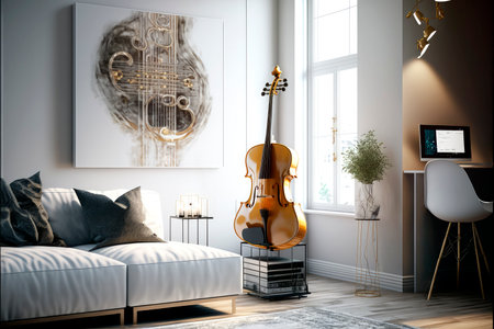 Interior of a modern and minimalist living room with a violin and a music-themed painting with a computer on a desk on the side - Generative AIの素材