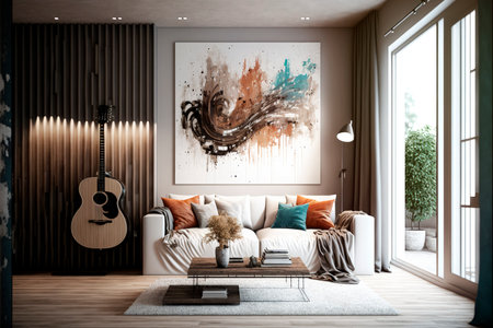 Front view of an interior of a modern living room with a guitar on the wall and a large painting - Generative AIの素材