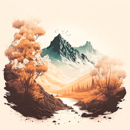 Illustration of a natural landscape with trees around a river and mountains in the background with orange white and blue colors - Generative AIの素材