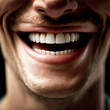 Close view of the smile of a man with perfect teeth - Generative AIの素材