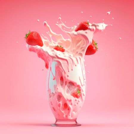 A large glass with a strawberry milkshake splashing everywhere on a pink background - Generative AIの素材