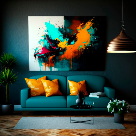 Interior of a modern colorful living room with a green sofa and yellow cushions with a large picture hanging on the wall of a colorful abstract painting - Generative AIの素材