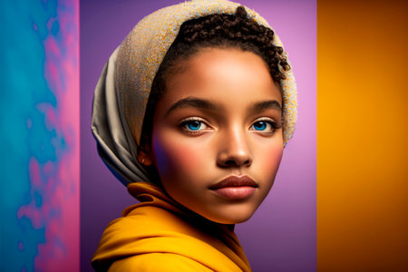 Fashion portrait of a Moroccan girl in profile looking at the camera with blue eyes with curly hair, a yellow outfit and a white and yellow veil on a background of three colors Violet yellow and pink - Generative AIの素材