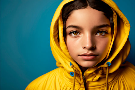 Portrait of a Moroccan girl in a yellow jacket and hood on a blue background - Generative AIの素材