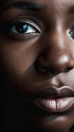 Intimate portrait of a black woman's eye, with a striking blue iris and detailed skin texture in a soft lightの素材