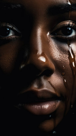 Emotive close-up of a black woman's tear-streaked face, highlighting her gaze and the depth of emotionの素材